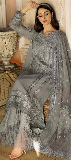Bridal, Reception, Wedding Black and Grey color Salwar Kameez in Cotton, Rayon fabric with Straight Embroidered work : 1884175