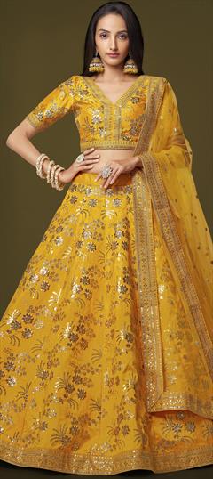Mehendi Sangeet, Reception, Wedding Yellow color Lehenga in Art Silk fabric with Flared Embroidered, Sequence, Thread, Zari work : 1884181