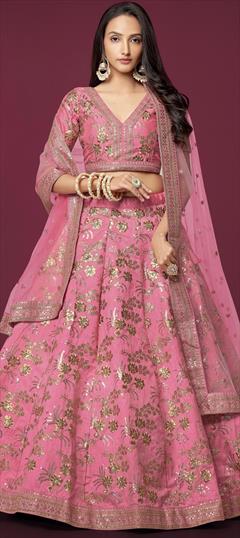Mehendi Sangeet, Reception, Wedding Pink and Majenta color Lehenga in Art Silk fabric with Flared Embroidered, Sequence, Thread, Zari work : 1884184