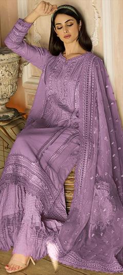Bridal, Reception, Wedding Purple and Violet color Salwar Kameez in Cotton, Rayon fabric with Straight Embroidered work : 1884185