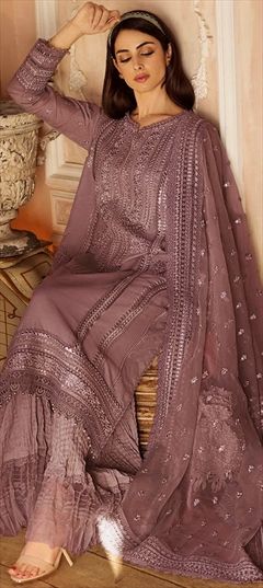 Bridal, Reception, Wedding Beige and Brown color Salwar Kameez in Cotton, Rayon fabric with Straight Embroidered work : 1884187