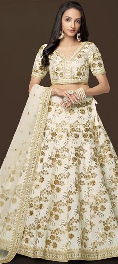 Mehendi Sangeet, Reception, Wedding White and Off White color Lehenga in Art Silk fabric with Flared Embroidered, Sequence, Thread, Zari work : 1884189