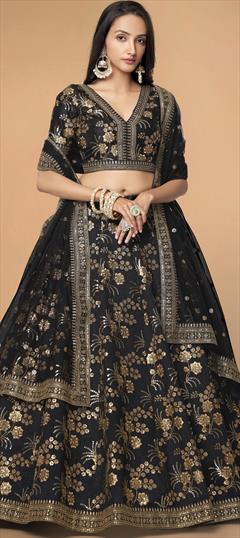 Mehendi Sangeet, Reception, Wedding Black and Grey color Lehenga in Art Silk fabric with Flared Embroidered, Sequence, Thread, Zari work : 1884190