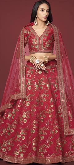 Mehendi Sangeet, Reception, Wedding Red and Maroon color Lehenga in Art Silk fabric with Flared Embroidered, Sequence, Thread, Zari work : 1884192