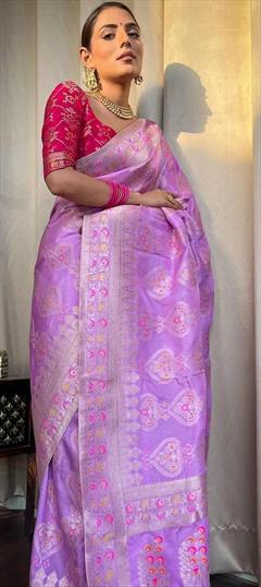 Party Wear, Traditional Purple and Violet color Saree in Art Silk, Silk fabric with South Weaving, Zari work : 1884246