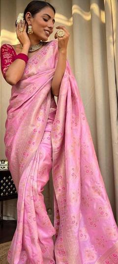 Party Wear, Traditional Pink and Majenta color Saree in Art Silk, Silk fabric with South Weaving, Zari work : 1884248