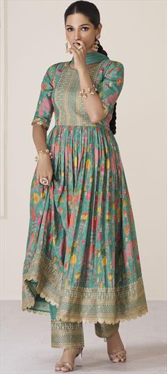 Designer, Festive, Party Wear Green color Salwar Kameez in Organza Silk fabric with Anarkali Printed work : 1884252
