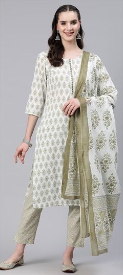 Party Wear, Summer White and Off White color Salwar Kameez in Cotton fabric with Straight Embroidered, Gota Patti, Printed, Thread, Zari work : 1884267