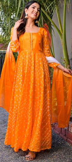 Festive, Party Wear Yellow color Salwar Kameez in Silk fabric with Anarkali Bandhej, Printed work : 1884505