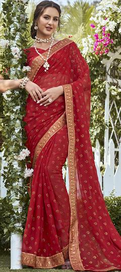 Engagement, Party Wear, Reception Red and Maroon color Saree in Shimmer fabric with Classic Embroidered, Mirror, Thread work : 1884569