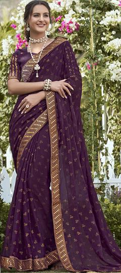 Engagement, Party Wear, Reception Purple and Violet color Saree in Shimmer fabric with Classic Embroidered, Mirror, Thread work : 1884572