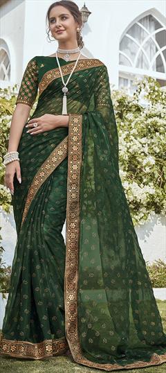 Engagement, Party Wear, Reception Green color Saree in Shimmer fabric with Classic Embroidered, Mirror, Thread work : 1884573