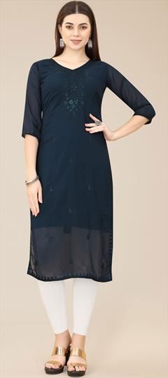 Casual, Party Wear Blue color Kurti in Georgette fabric with Long Sleeve, Straight Embroidered work : 1884616