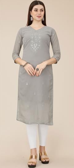 Casual, Party Wear Black and Grey color Kurti in Georgette fabric with Long Sleeve, Straight Embroidered work : 1884617