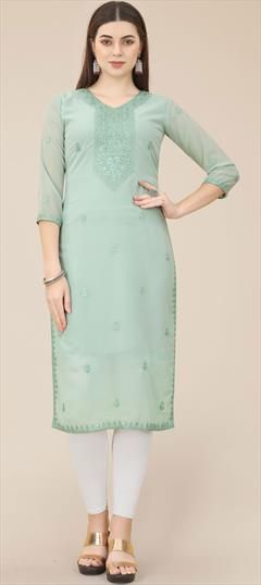 Casual, Party Wear Green color Kurti in Georgette fabric with Long Sleeve, Straight Embroidered work : 1884618