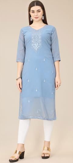 Casual, Party Wear Blue color Kurti in Georgette fabric with Long Sleeve, Straight Embroidered work : 1884620