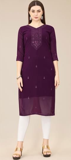 Casual, Party Wear Purple and Violet color Kurti in Georgette fabric with Long Sleeve, Straight Embroidered work : 1884622