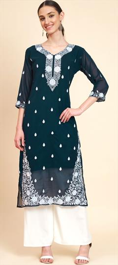 Festive, Party Wear Blue color Kurti in Georgette fabric with Long Sleeve, Straight Embroidered, Resham, Thread work : 1884644