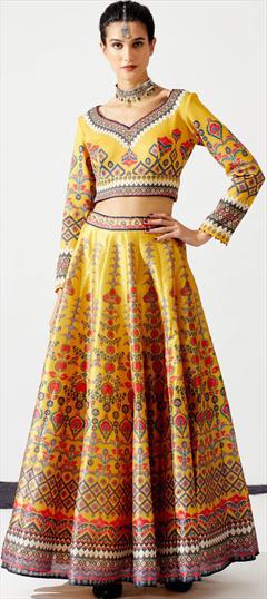 Engagement, Reception, Wedding Yellow color Ready to Wear Lehenga in Silk fabric with Flared Digital Print, Stone work : 1884724