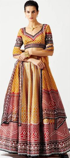 Engagement, Reception, Wedding Yellow color Ready to Wear Lehenga in Silk fabric with Flared Digital Print, Stone work : 1884725