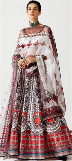 Engagement, Reception, Wedding White and Off White color Ready to Wear Lehenga in Silk fabric with Flared Digital Print, Stone work : 1884726