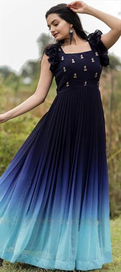 Party Wear Blue color Gown in Faux Georgette fabric with Embroidered work : 1884772