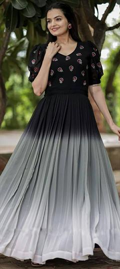 Party Wear Black and Grey color Gown in Faux Georgette fabric with Embroidered work : 1884774