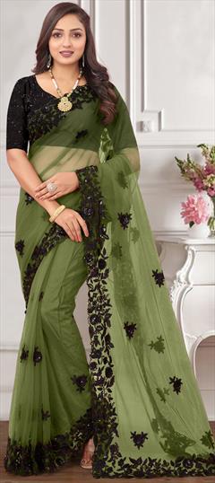 Engagement, Reception, Wedding Green color Saree in Net fabric with Classic Cut Dana, Embroidered, Resham, Sequence, Thread work : 1884793