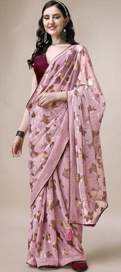 Casual, Party Wear Pink and Majenta color Saree in Imported fabric with Classic Foil Print, Lace work : 1884842