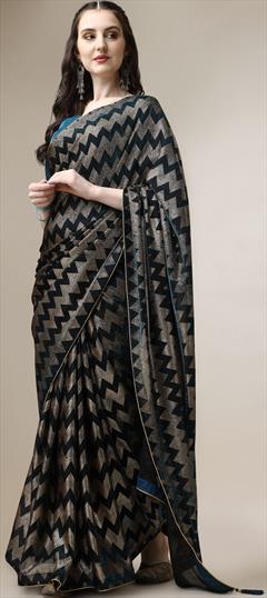 Casual, Party Wear Black and Grey, Blue color Saree in Imported fabric with Classic Digital Print, Foil Print, Lace work : 1884853