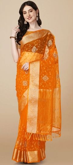 Casual, Traditional Yellow color Saree in Organza Silk, Silk fabric with South Border, Embroidered work : 1884854