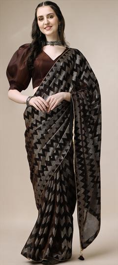 Casual, Party Wear Beige and Brown, Silver color Saree in Imported fabric with Classic Digital Print, Foil Print, Lace work : 1884856
