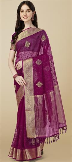 Casual, Traditional Purple and Violet color Saree in Organza Silk, Silk fabric with South Border, Embroidered work : 1884861