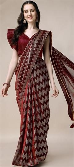 Casual, Party Wear Red and Maroon, Silver color Saree in Imported fabric with Classic Digital Print, Foil Print, Lace work : 1884862