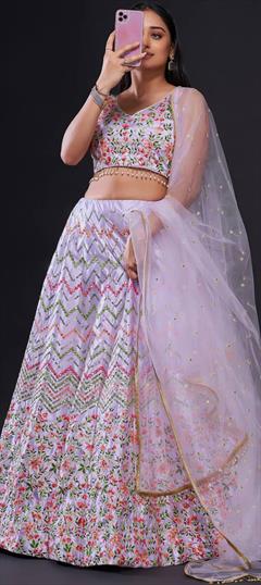 Designer, Engagement, Reception, Wedding Purple and Violet color Lehenga in Satin Silk fabric with Flared Sequence, Thread work : 1884917