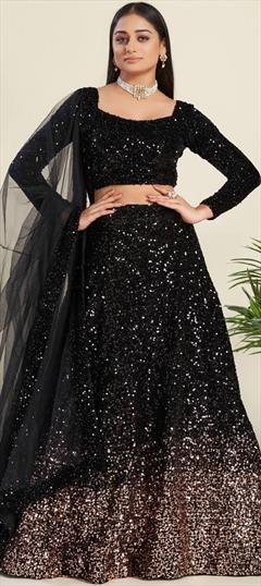 Designer, Engagement, Reception, Wedding Black and Grey color Lehenga in Velvet fabric with Flared Sequence, Thread work : 1884919