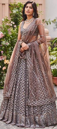 Designer, Engagement, Reception, Wedding Beige and Brown color Lehenga in Georgette fabric with Flared Sequence, Thread, Zari work : 1884921