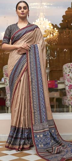 Party Wear, Traditional Beige and Brown color Saree in Cotton fabric with Bengali, South Printed work : 1885079