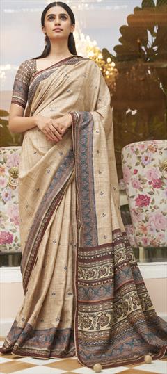 Party Wear, Traditional Beige and Brown color Saree in Cotton fabric with Bengali, South Printed work : 1885090