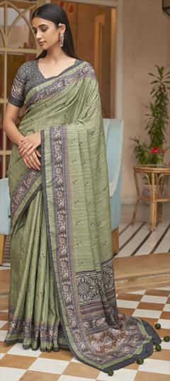 Party Wear, Traditional Green color Saree in Cotton fabric with Bengali Printed work : 1885092
