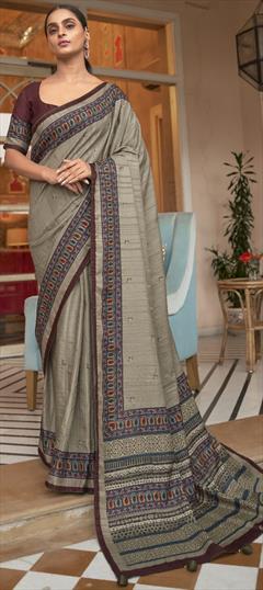 Party Wear, Traditional Beige and Brown color Saree in Cotton fabric with Bengali, South Printed work : 1885096