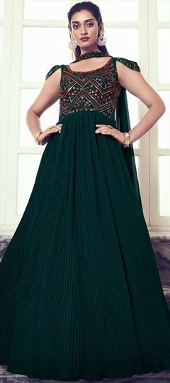 Mehendi Sangeet, Reception Green color Gown in Georgette fabric with Sequence, Thread work : 1885107