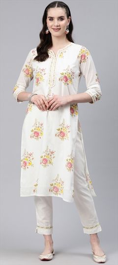 Party Wear, Summer White and Off White color Salwar Kameez in Cotton fabric with Straight Embroidered, Floral, Printed, Resham, Thread work : 1885191