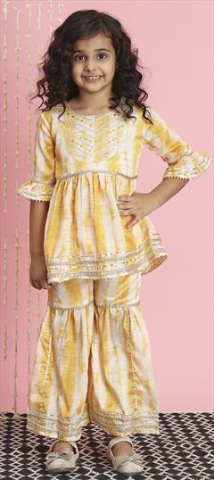 Festive, Reception, Summer Yellow color Girls Top with Bottom in Art Silk fabric with Sharara Lace, Printed, Tye n Dye work : 1885294