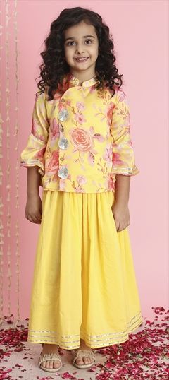 Festive, Summer Yellow color Kids Lehenga in Cotton fabric with Floral, Gota Patti, Printed work : 1885298