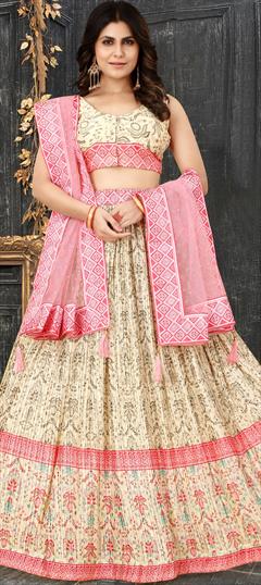 Mehendi Sangeet, Reception, Wedding Beige and Brown color Lehenga in Art Silk fabric with Flared Digital Print, Floral work : 1885311