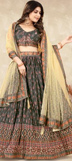 Mehendi Sangeet, Reception, Wedding Black and Grey color Lehenga in Art Silk fabric with Flared Digital Print, Floral work : 1885312