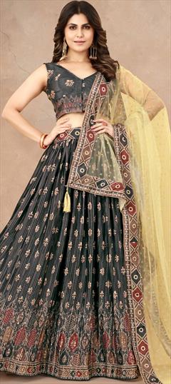 Mehendi Sangeet, Reception, Wedding Black and Grey color Lehenga in Art Silk fabric with Flared Digital Print, Floral work : 1885314