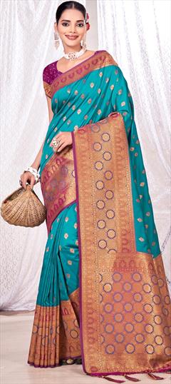 Party Wear, Traditional Blue color Saree in Banarasi Silk, Silk fabric with South Weaving work : 1885392