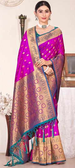 Party Wear, Traditional Pink and Majenta color Saree in Banarasi Silk, Silk fabric with South Weaving work : 1885394